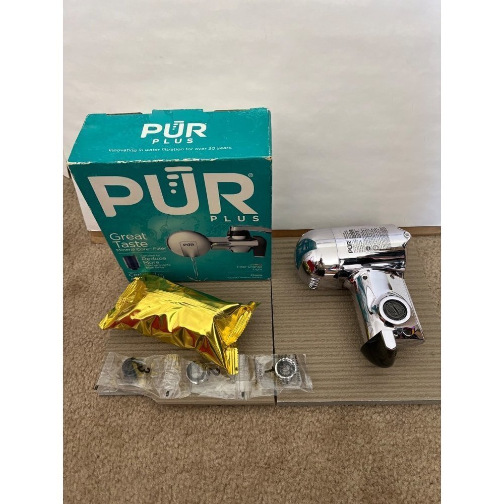 New in box PUR Plus faucet filtration system chrome color mineral core filter